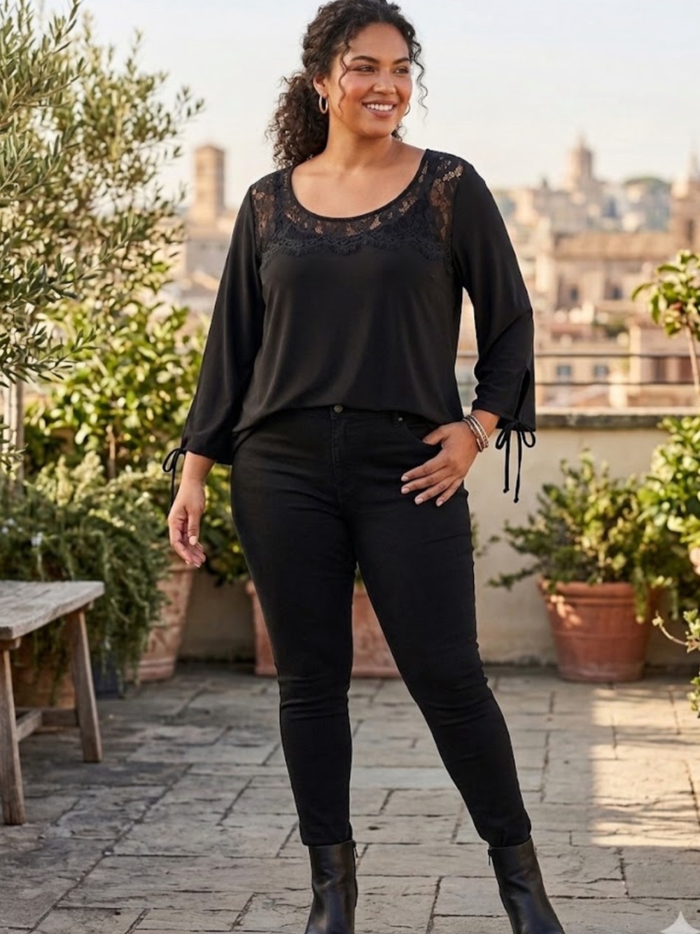 Liz Claiborne Black Lace Yoke Scoop Neck Blouse